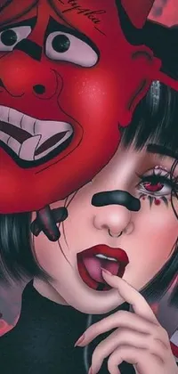 Get this edgy phone live wallpaper featuring a woman donning a devil mask in digital art with a hyper-realistic anime vibe