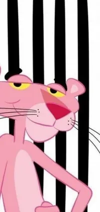 This live wallpaper features a cartoon pink panther sitting in front of a picket fence with black and white prison bars behind it
