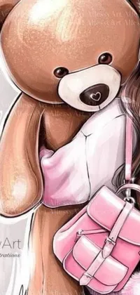 This live phone wallpaper features an adorable drawing of a young girl hugging her teddy bear