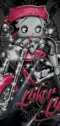 This phone wallpaper depicts a confident woman riding on the back of a pink motorcycle with a colorful and detailed design