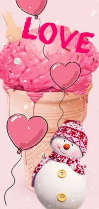 This snowman and ice cream cone live wallpaper features delightful digital art with a pink and love theme