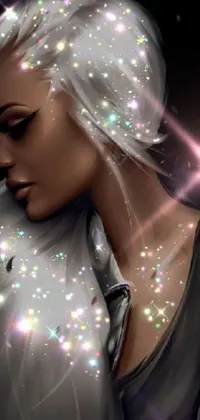 This phone live wallpaper showcases a stunning digital artwork of a woman with flowing white hair amidst a backdrop of sparkling stars and glitter accents