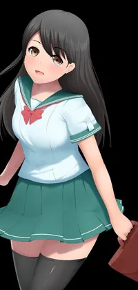 This phone live wallpaper displays a highly-detailed anime character in a school uniform, carrying a briefcase