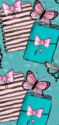 This live phone wallpaper has a delightful digital art pattern of fluttering butterflies and bags on a blue background
