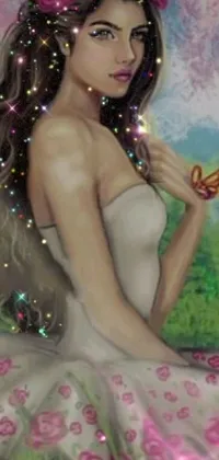 This mesmerizing phone live wallpaper features a stunning airbrushed painting of a beautiful brunette fairy woman wearing a glittery dress and flowers in her hair