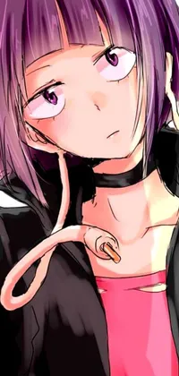 This live wallpaper showcases a striking portrait of a person with bold purple hair, wearing a collar and a stethoscope