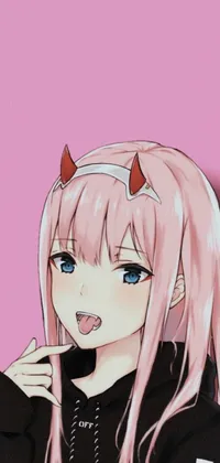 This lively live phone wallpaper features a striking anime goth girl with pink hair and horns on her head