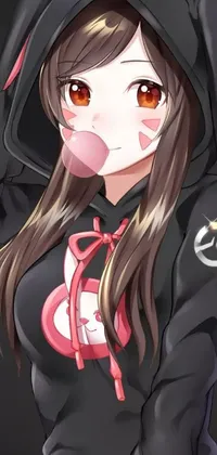 This dynamic phone wallpaper depicts a cute girl in a hoodie, enjoying a sweet and colorful lollipop