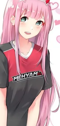 Introducing the ultimate phone live wallpaper featuring a charming anime girl with pink hair wearing a fashionable black and red shirt