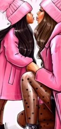 This live wallpaper features a digital artwork of two women in pink clothing kissing affectionately, while one holds a picture