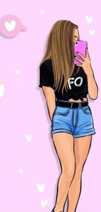 Bring a cheerful and youthful vibe to your phone with this live wallpaper! A lively graffiti background highlights a girl taking a cute selfie with her phone, while sporting a playful outfit of shorts and a colorful top