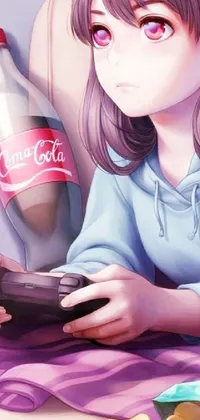 This live phone wallpaper features a playful anime drawing of a girl gaming on her couch