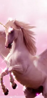 This stunning live wallpaper depicts a white unicorn standing on its hind legs against a magical realism-style album cover background