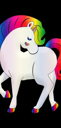 This phone live wallpaper features a beautiful white unicorn with a colorful rainbow mane on a black background