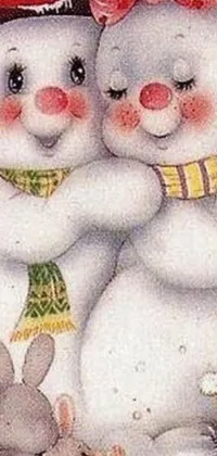 This cute live phone wallpaper showcases two hugging snowmen standing side by side