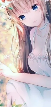 This phone live wallpaper features an anime drawing of a girl sitting in a picturesque field of flowers