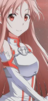 This live phone wallpaper depicts an anime character with flowing hair wearing neoism-inspired white and red armor
