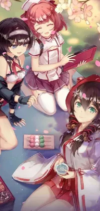 This live phone background features a group of cartoon girls relaxing among pink cherry blossoms