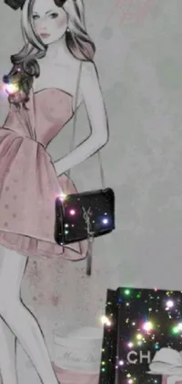 This phone live wallpaper showcases stunning digital art featuring a woman in a pink dress and holding a handbag with shining stars in the background