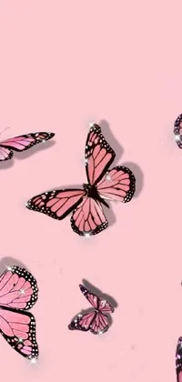 This phone live wallpaper features a mesmerizing group of pink butterflies against a pink background with crystal embellishments