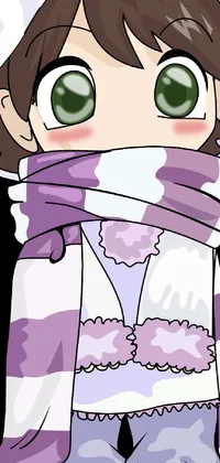 This charming live wallpaper showcases a cute anime girl wearing a cozy purple and white scarf as she sits on a snowy ground
