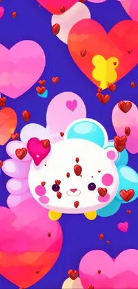 This live wallpaper features a charming white cat surrounded by hearts on a vivid blue background