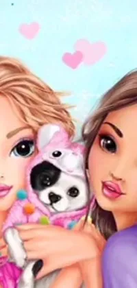 This phone live wallpaper features digital artwork of two girls with a small dog