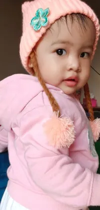 This charming phone live wallpaper features a cute little girl wearing a pink sweater and hat, with a long pigtail