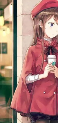 This anime live wallpaper depicts a woman holding a cup of coffee in front of a Starbucks sign