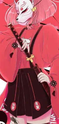 This phone live wallpaper showcases a pink-clad warrior, sword in hand, set against a red, black, and white backdrop