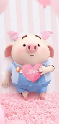 This live phone wallpaper features a cute pink pig figurine holding a heart