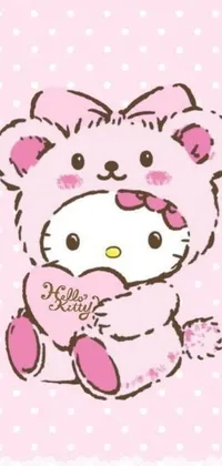 This phone live wallpaper features a cute image of Hello Kitty holding a teddy bear
