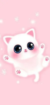 This live phone wallpaper showcases a delightful chibi-style white cat with striking blue eyes against a soft pink background