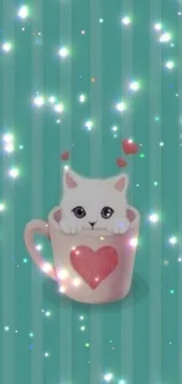 This live wallpaper showcases a sweet digital art design of a white cat and a heart cup that's perfect for Tumblr enthusiasts