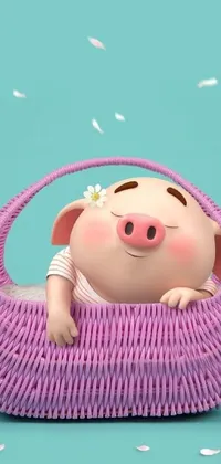 Get this adorable phone live wallpaper of a porcelain pig in a basket on a serene blue background