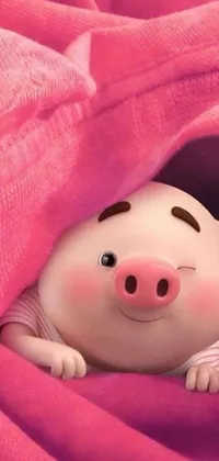 This phone live wallpaper features a delightful pig peeking out from under a pink blanket