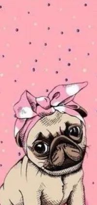 The Pug with Pink Bow live wallpaper pop art design captures an adorable pug with a pastel color scheme
