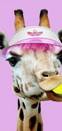 Looking for a fun and lively wallpaper for your phone? Check out this energetic live wallpaper featuring a whimsical giraffe wearing a hat and holding a tennis ball, set against a vibrant pink background