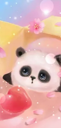 This phone live wallpaper showcases a beautiful painting of a panda bear holding a heart