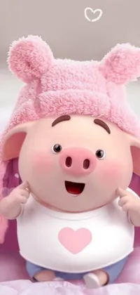This cute and playful live wallpaper for your phone features a digital artwork of a cartoonish toy pig lying on a bed