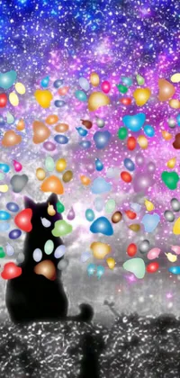Transform your phone's screen with this lively live wallpaper featuring a charming cat surrounded by colorful balloons against a cosmic background with black opals