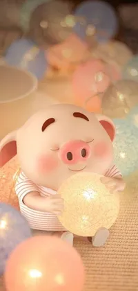 This delightful phone live wallpaper features an adorable digital art pig figurine sitting on a table