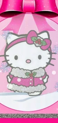 This live wallpaper features a festive Hello Kitty Christmas ornament set against a bubblegum pink background