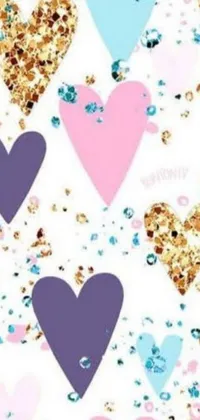 This live phone wallpaper features a delightful heart pattern on a white background, with crystals and glitter decorations