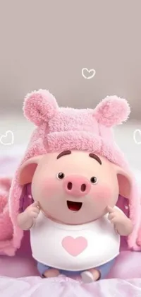 This delightful live wallpaper features a close-up of a stuffed animal pig wearing a blue towel on a white bed
