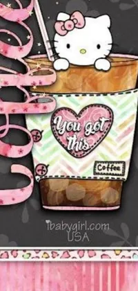 This live phone wallpaper features an adorable Hello Kitty card next to a cup of coffee