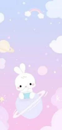 This phone live wallpaper features an adorable cartoon bunny flying in the sky alongside planets and cute elements