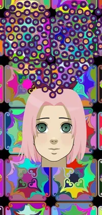 This live phone wallpaper depicts a charming anime drawing of a woman with trendy pink hair standing in front of vibrant squares