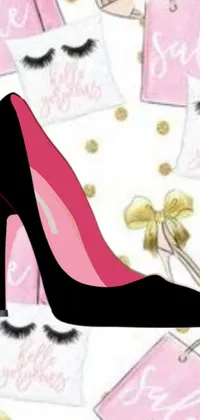 This live wallpaper features black high heels on top of pink tags
