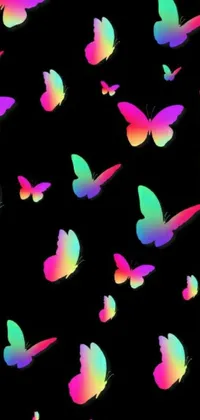 Enjoy the colorful and playful butterfly wall paper for your phone! With its mesmerizing black background and vibrant fluttering butterflies, it's sure to add charm and life to your phone screen